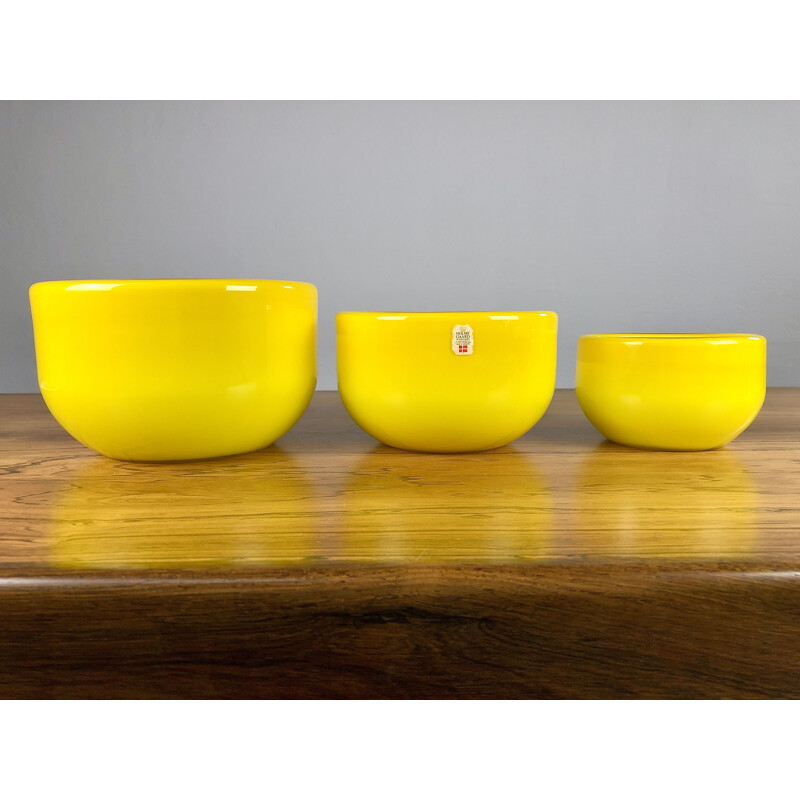 Set of 3 vintage Danish yellow bowls in glass by Michael Bang for Holmegaard, 1970s