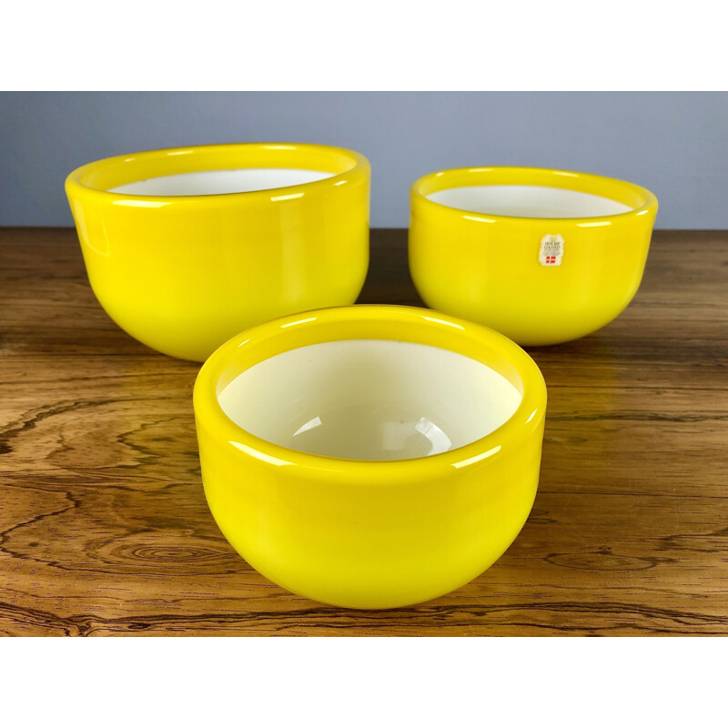 Set of 3 vintage Danish yellow bowls in glass by Michael Bang for Holmegaard, 1970s