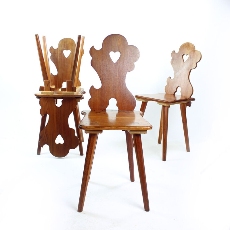 Set of 4 vintage dining chairs in folk design, Czechoslovakia 1973