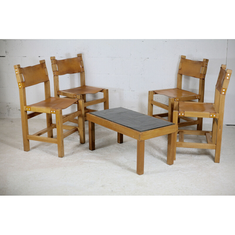 Vintage wood and leather dining set by Maison Regain, France 1970