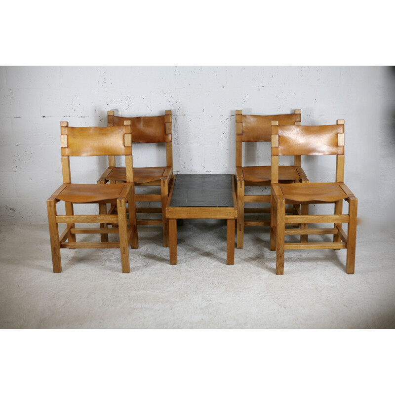 Vintage wood and leather dining set by Maison Regain, France 1970