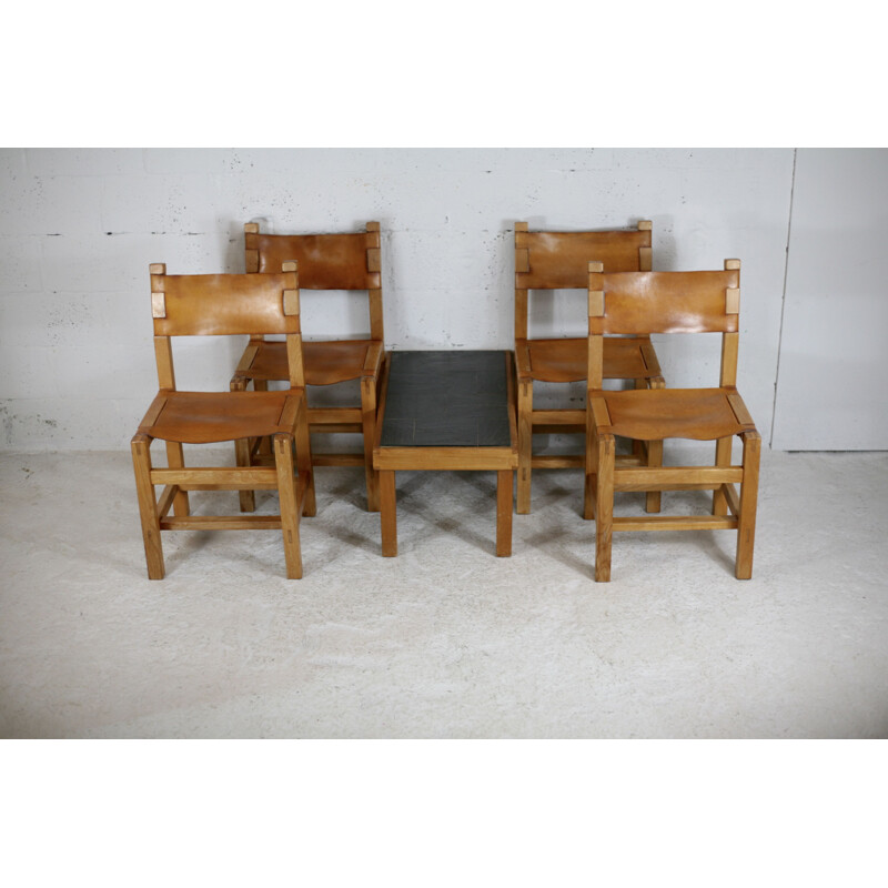 Vintage wood and leather dining set by Maison Regain, France 1970