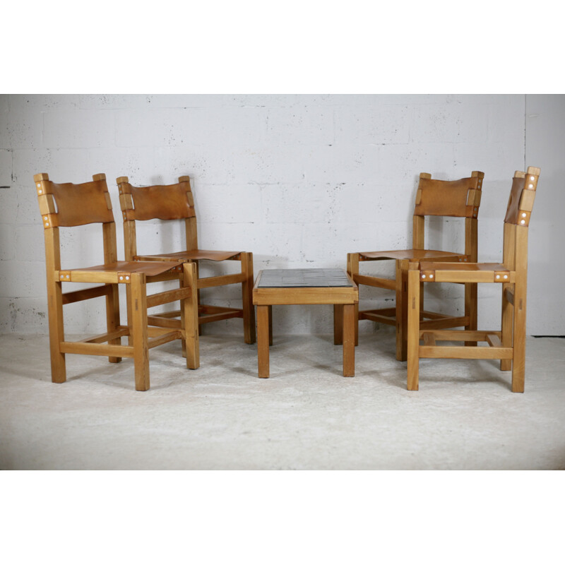 Vintage-Mahlzeiten-Set aus Holz und Leder von Maison Regain, Frankreich 1970