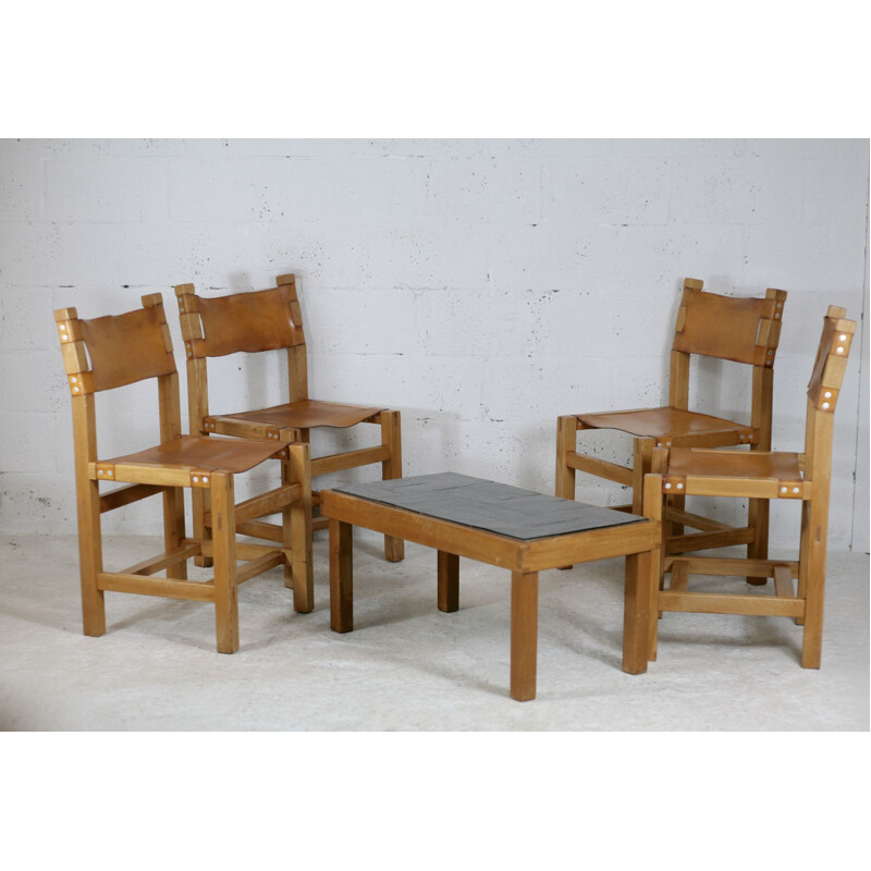 Vintage wood and leather dining set by Maison Regain, France 1970