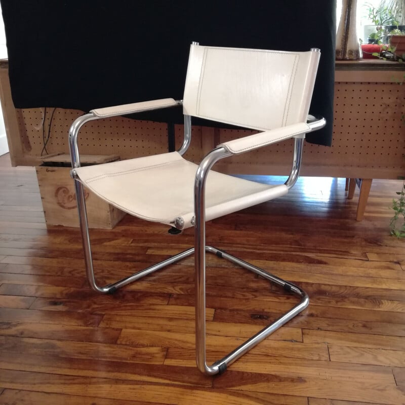 Fauteuil cantilever vintage en cuir lisse blanc