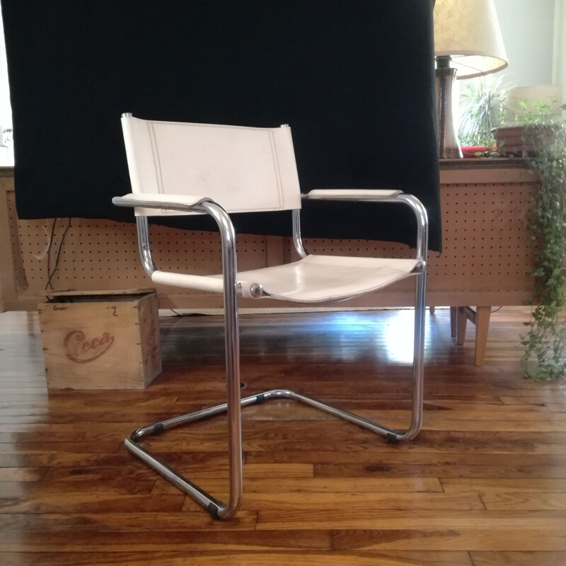 Vintage cantilever armchair in smooth white leather