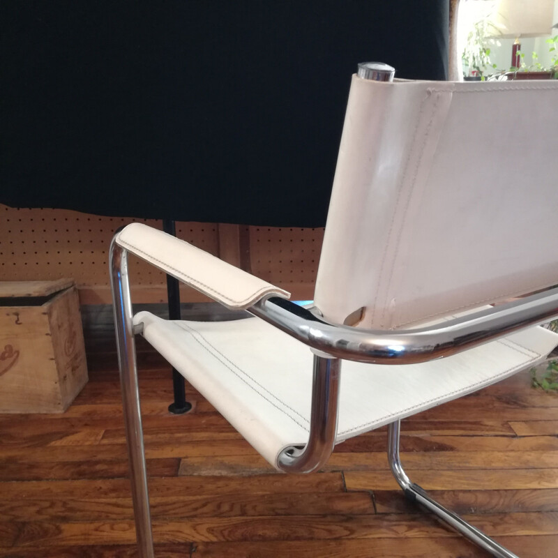 Vintage cantilever armchair in smooth white leather