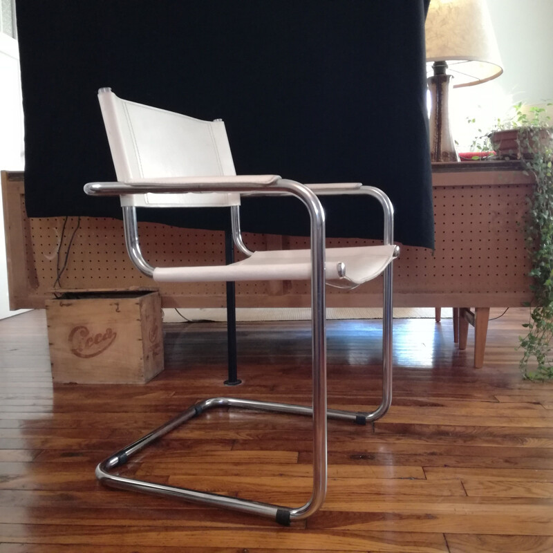 Vintage cantilever armchair in smooth white leather