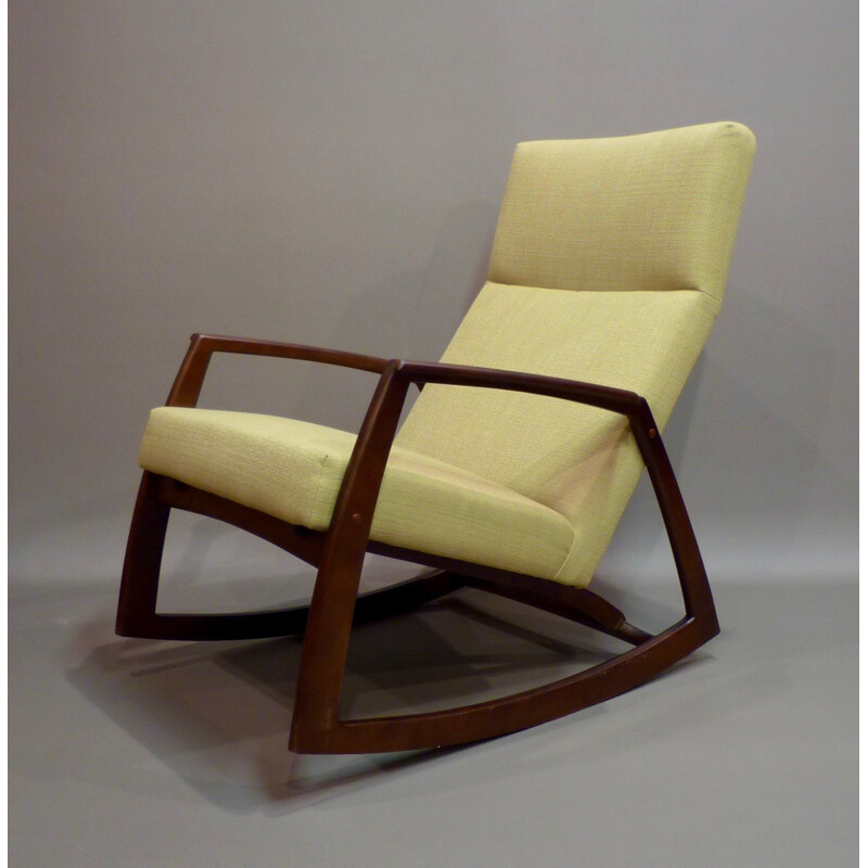 Rocking chair in walnut and yellow fabric - 1960s