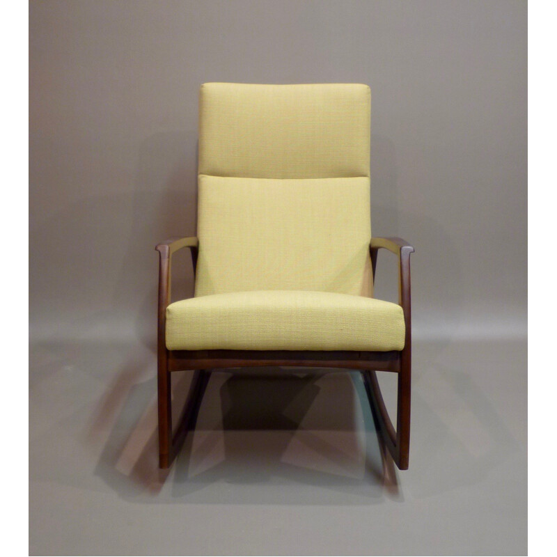 Rocking chair in walnut and yellow fabric - 1960s