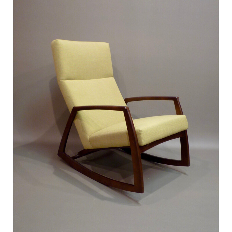 Chaise à bascule en noyer et tissu jaune - 1960