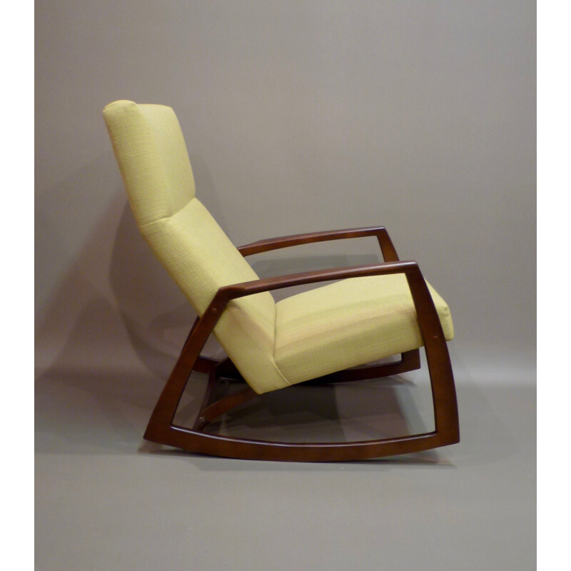 Rocking chair in walnut and yellow fabric - 1960s