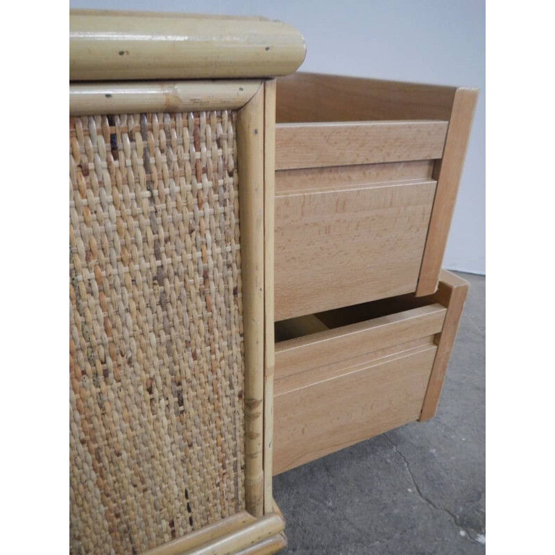 Cómoda Vintage rattan de gavetas com duas gavetas de madeira