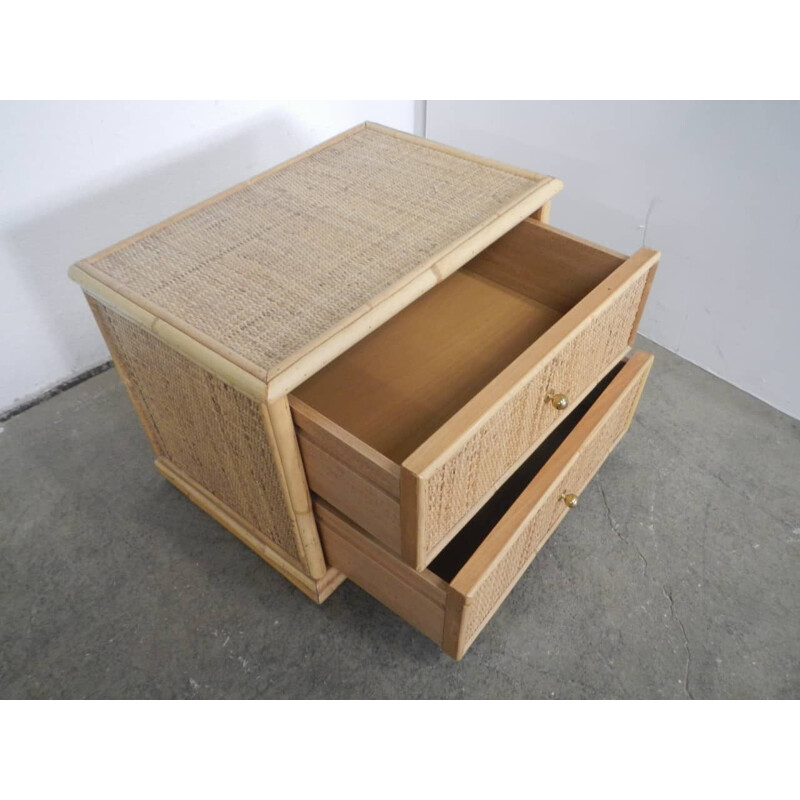 Vintage rattan chest of 2 drawer in compressed wood