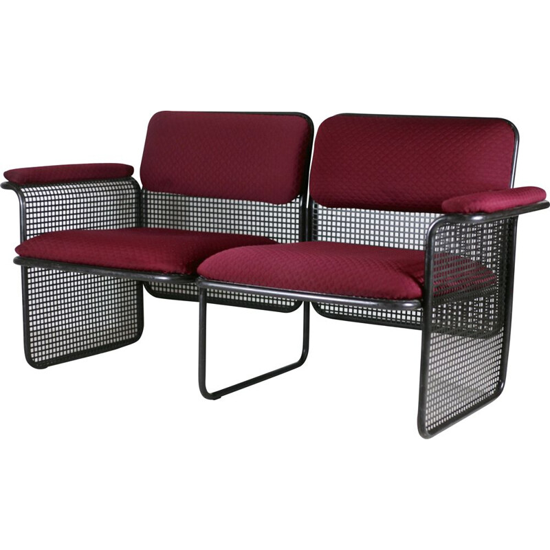 Vintage black honeycomb steel sofa with burgundy fabric, Italy 1970