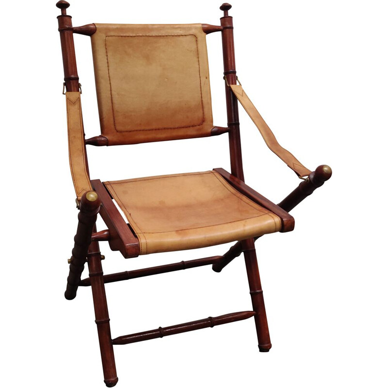 Cadeira de braços dobrável em teca Vintage e safari de couro, 1960