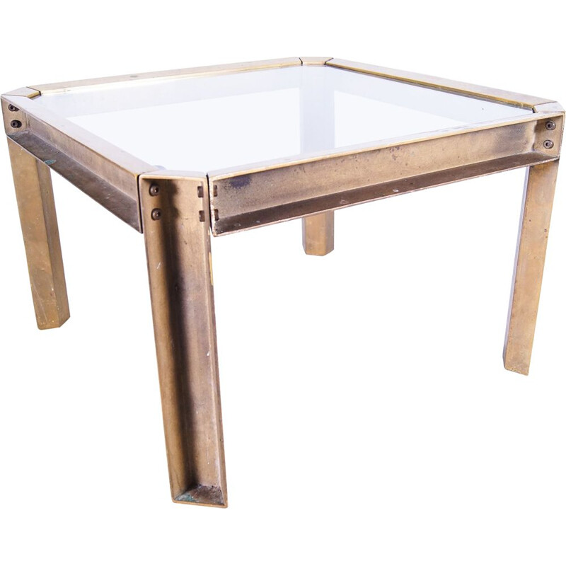 Vintage brass square coffee table with tempered glass by Peter Ghyczy