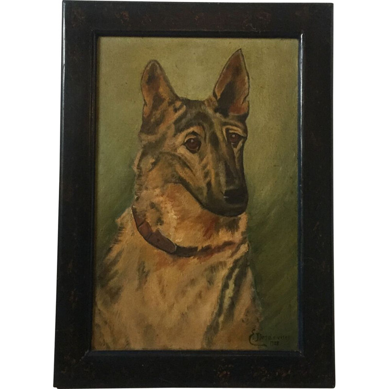 Vintage painting "portrait chien" by E.Desdevises, 1928