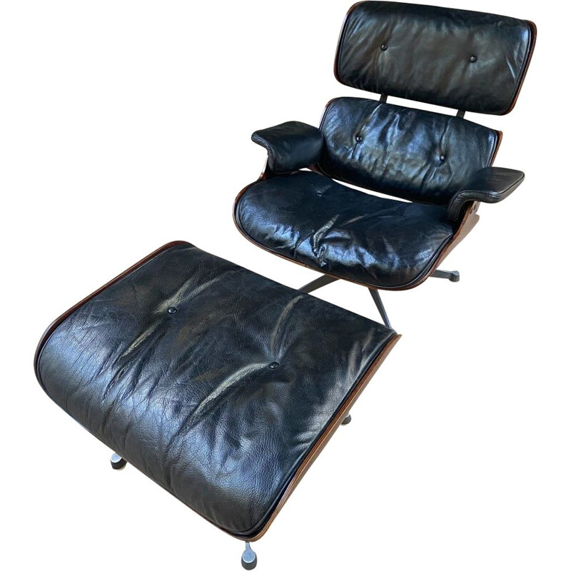 Fauteuil lounge avec ottoman noir vintage par Charles Eames, 1960