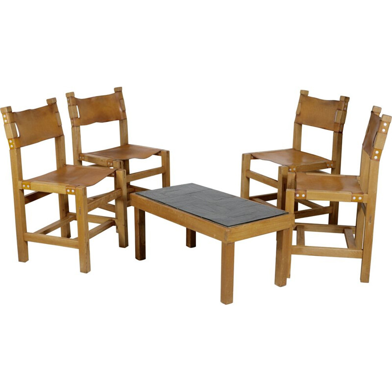 Vintage wood and leather dining set by Maison Regain, France 1970