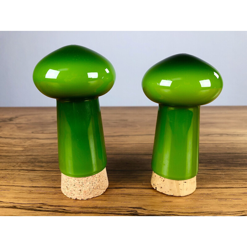 Vintage Danish salt and pepper set in green glass by Michael Bang for Holmegaard, 1970s
