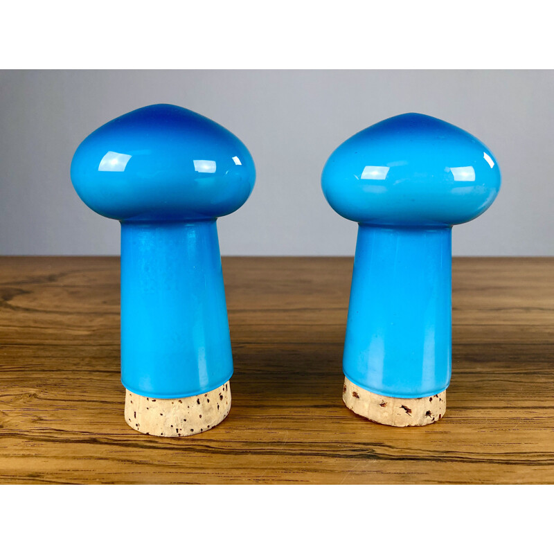 Vintage Danish salt and pepper set in blue glass by Michael Bang for Holmegaard, 1970s