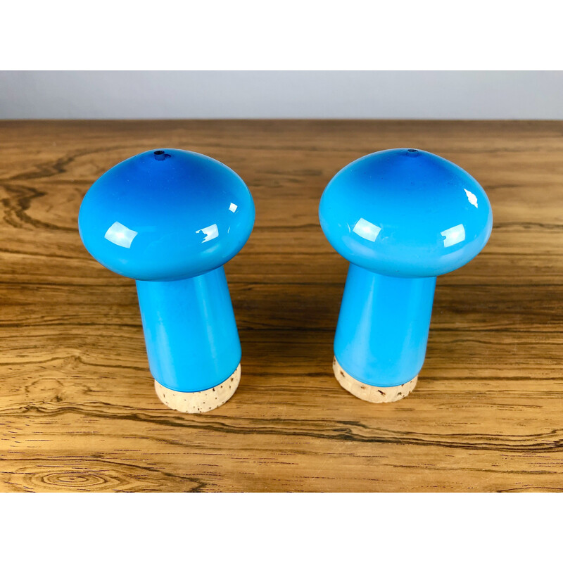 Vintage Danish salt and pepper set in blue glass by Michael Bang for Holmegaard, 1970s