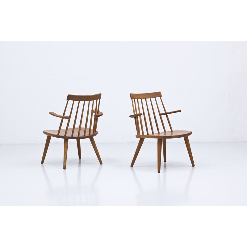 Pair of vintage solid oakwood armchair by Yngve Ekström, Sweden 1955