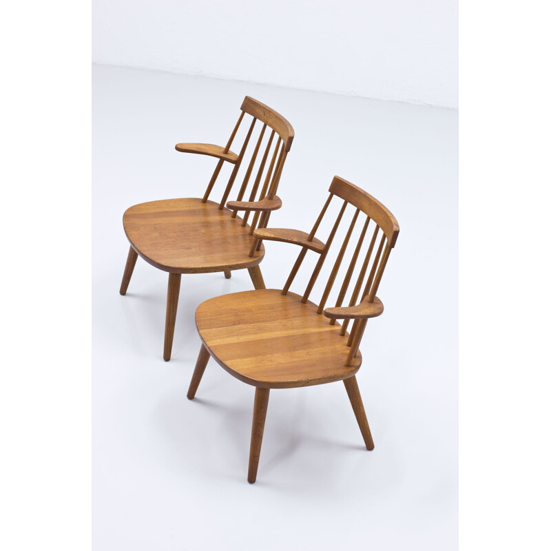 Pair of vintage solid oakwood armchair by Yngve Ekström, Sweden 1955