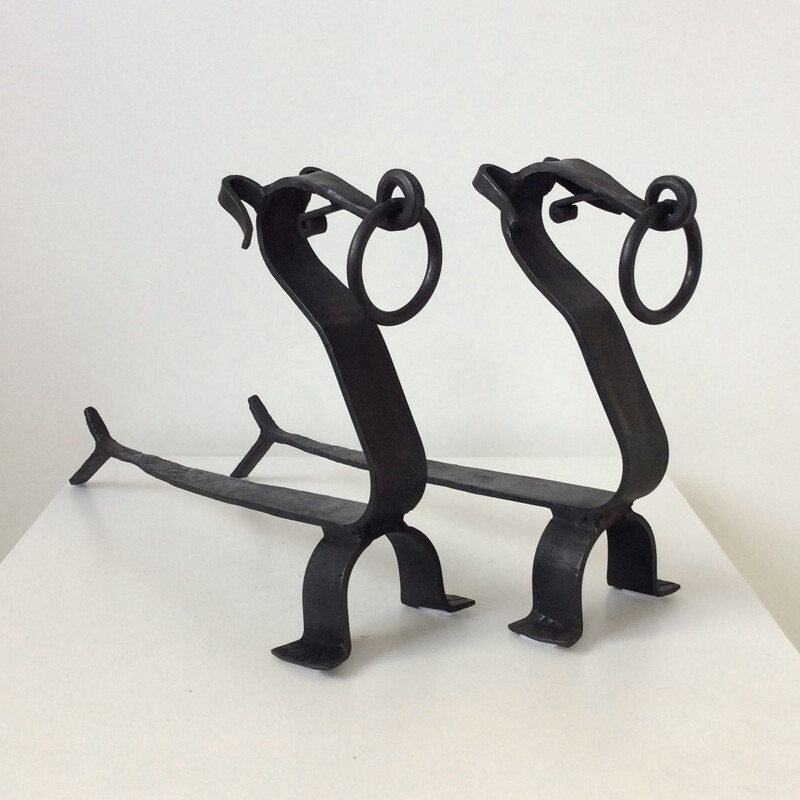 Pair of vintage wrought iron andirons, France 1940