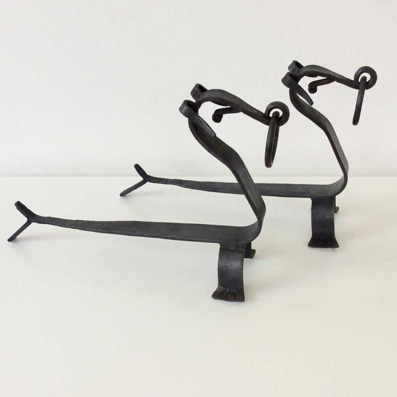 Pair of vintage wrought iron andirons, France 1940