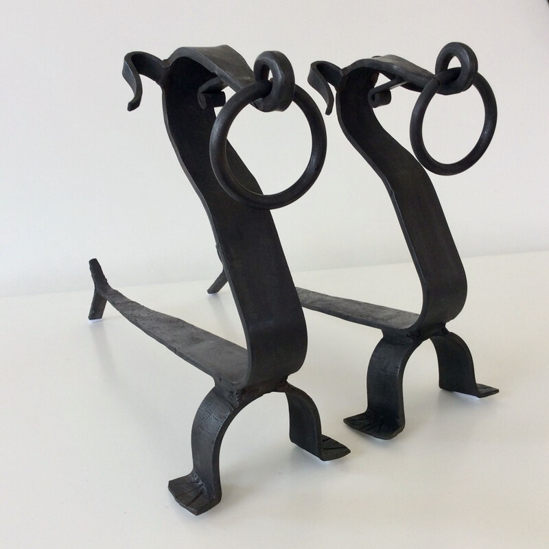 Pair of vintage wrought iron andirons, France 1940