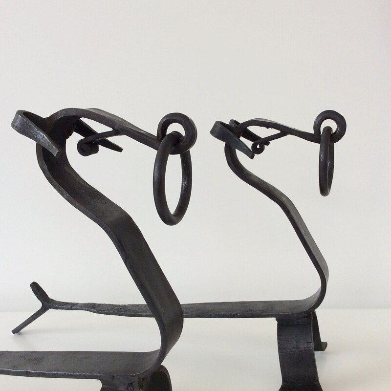 Pair of vintage wrought iron andirons, France 1940