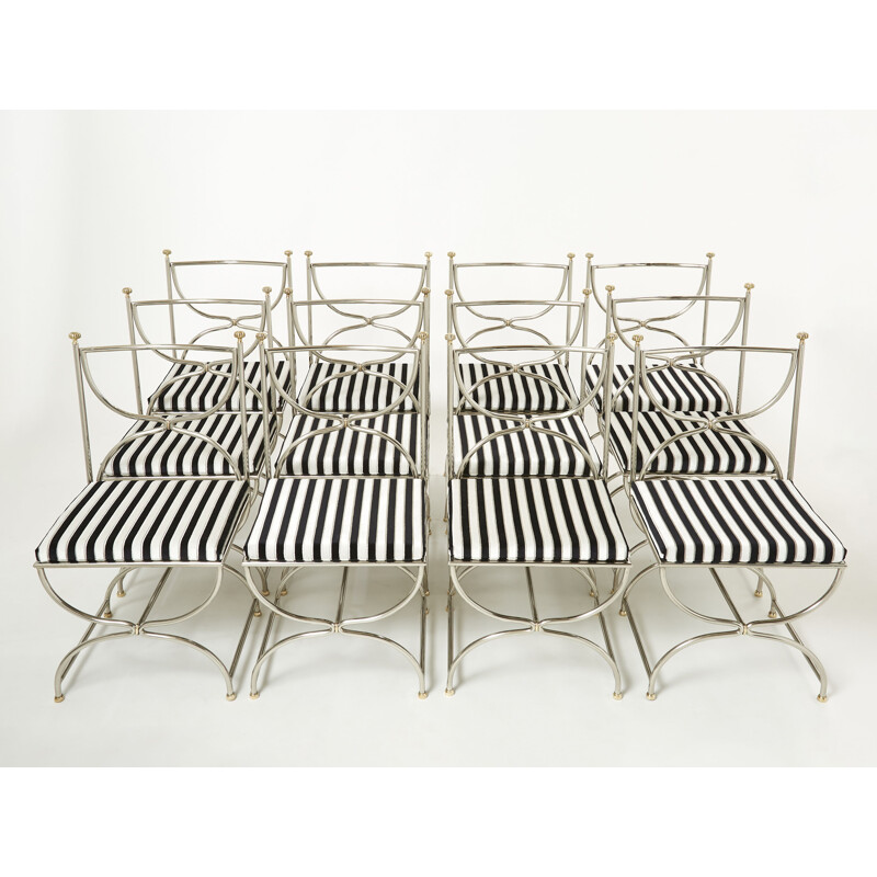 Ensemble de 12 chaises vintage en laiton et velours modèle "Curule Savonarola" de la Maison Jansen, 1960