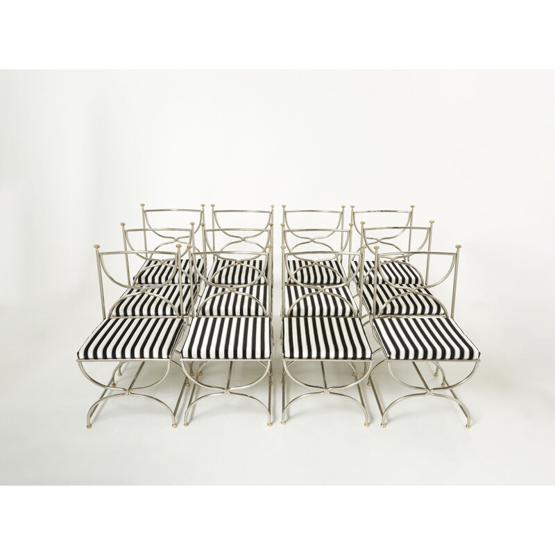 Ensemble de 12 chaises vintage en laiton et velours modèle "Curule Savonarola" de la Maison Jansen, 1960