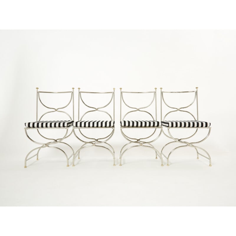 Conjunto de 12 cadeiras vintage em latão e veludo modelo "Curule Savonarola" de Jansen, 1960