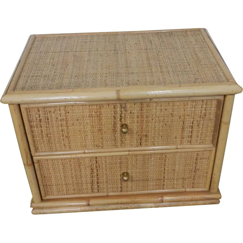 Vintage rattan chest of 2 drawer in compressed wood