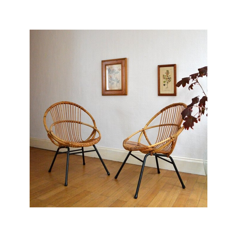 Fauteuil vintage en rotin et métal - 1950