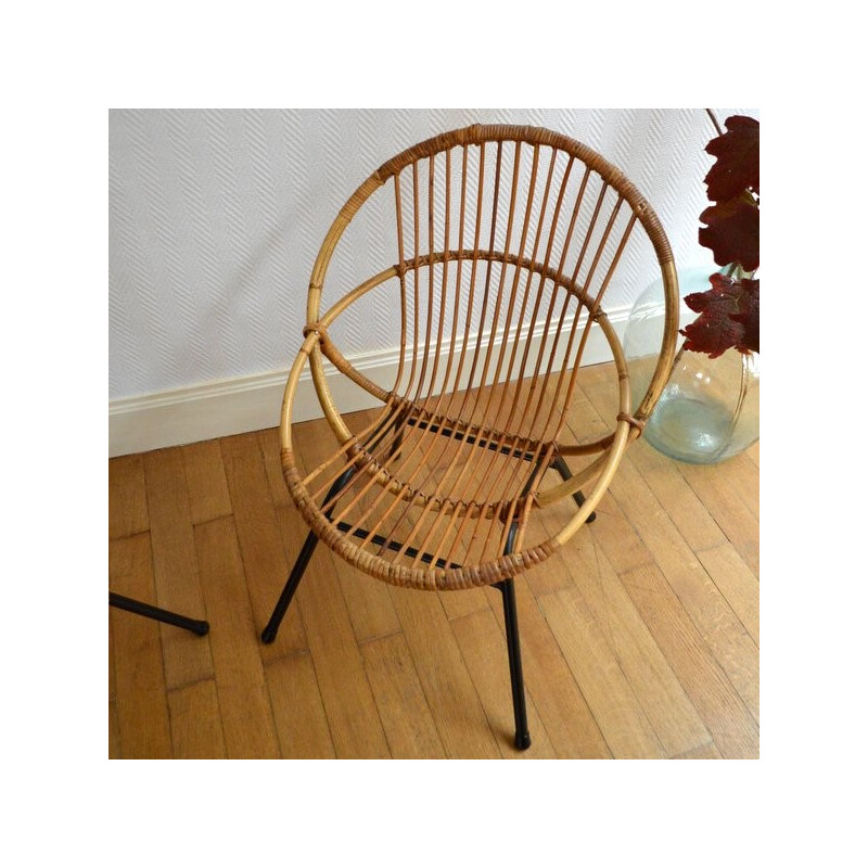 Vintage armchair in rattan and metal - 1950s