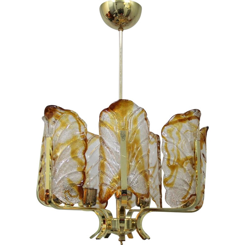 Orrefors chandelier in glass and golden metal, Carl FAGERLUND - 1960s