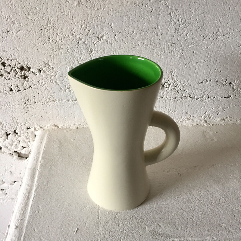 Vintage white and green ceramic pitcher, 1950