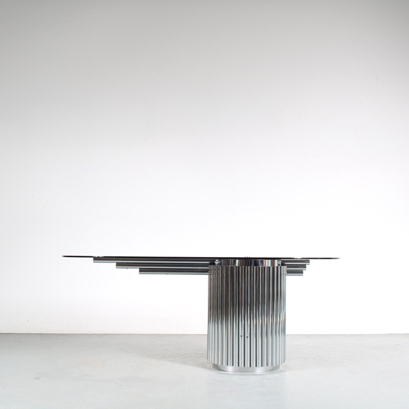 Table vintage en verre fumé et métal tubulaire par Gastone Rinaldi, Italie 1970