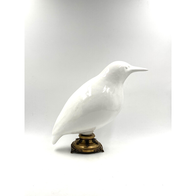 Pair of vintage kingfisher bird sculptures in white ceramic and brass bases