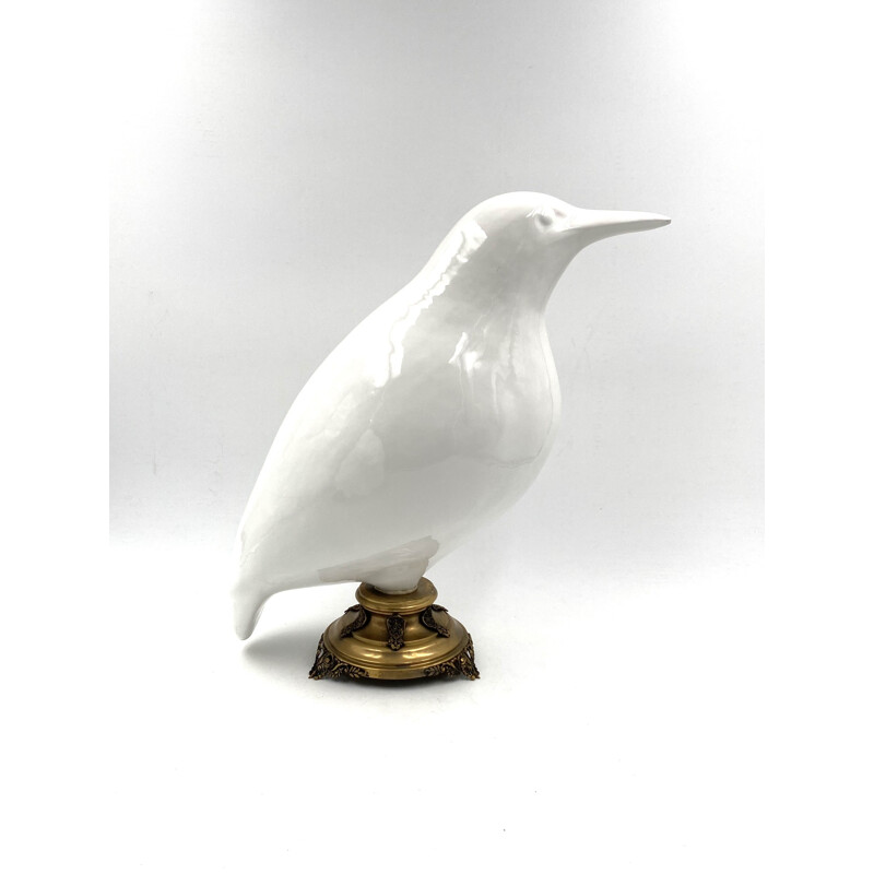 Pair of vintage kingfisher bird sculptures in white ceramic and brass bases