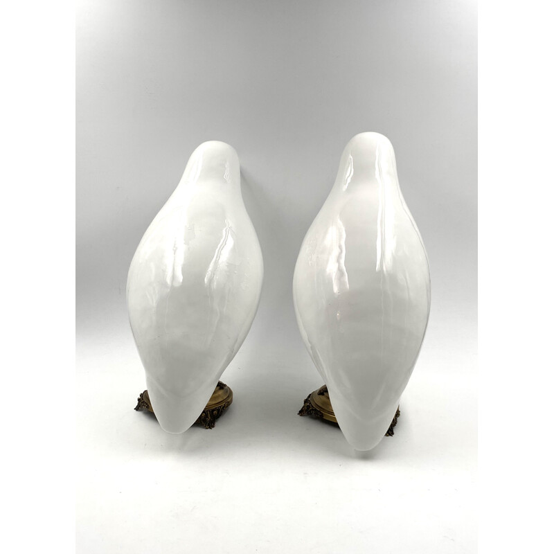 Pair of vintage kingfisher bird sculptures in white ceramic and brass bases