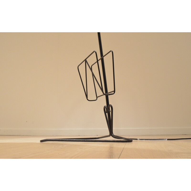 French floor lamp in black metal with magazine rack - 1950s