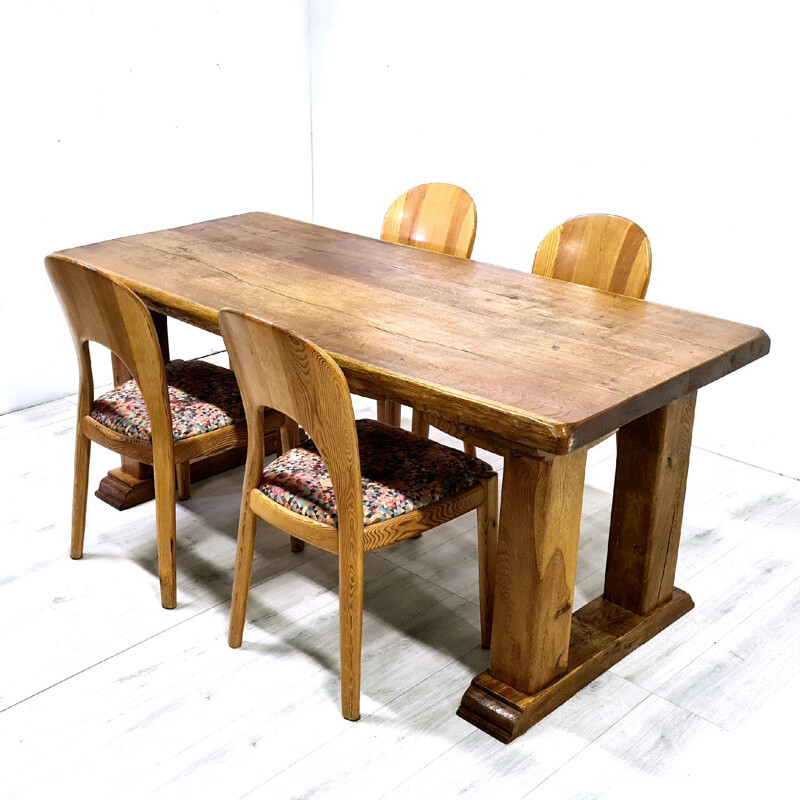 Vintage rustic Brutalist solid oakwood dining table