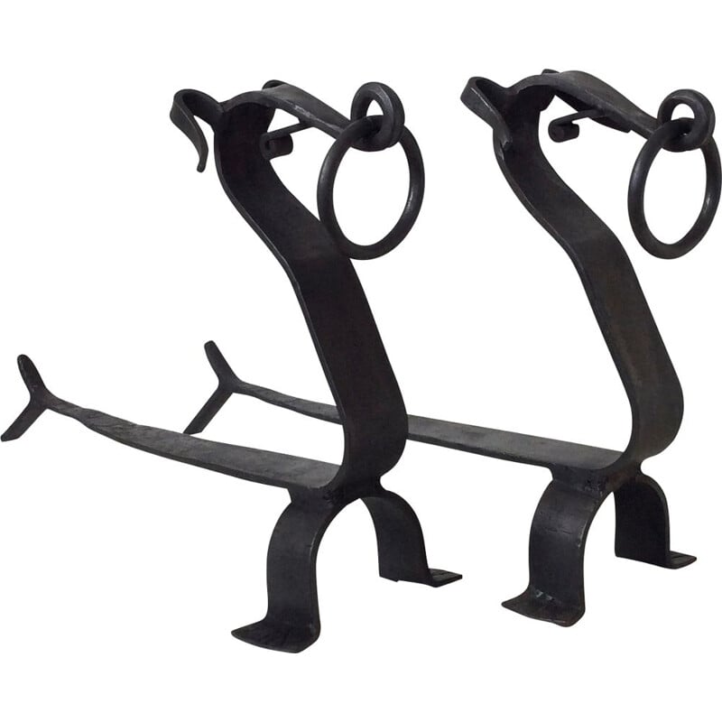 Pair of vintage wrought iron andirons, France 1940