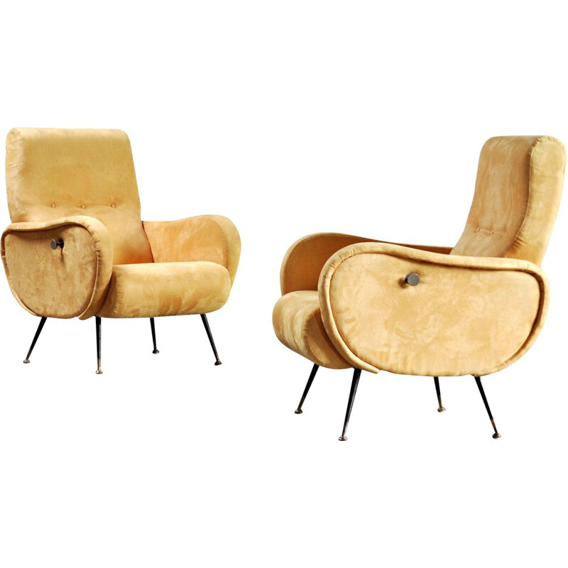 Pareja de sillones reclinables vintage en terciopelo amarillo de Marco Zanuso, Italia 1950