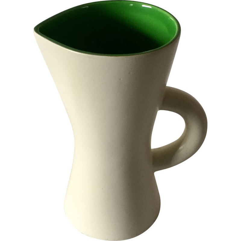 Vintage white and green ceramic pitcher, 1950